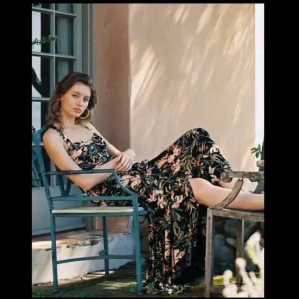 Anthropologie Maeve Gabriela Ruffled Black Floral Tropical Maxi Dress XS